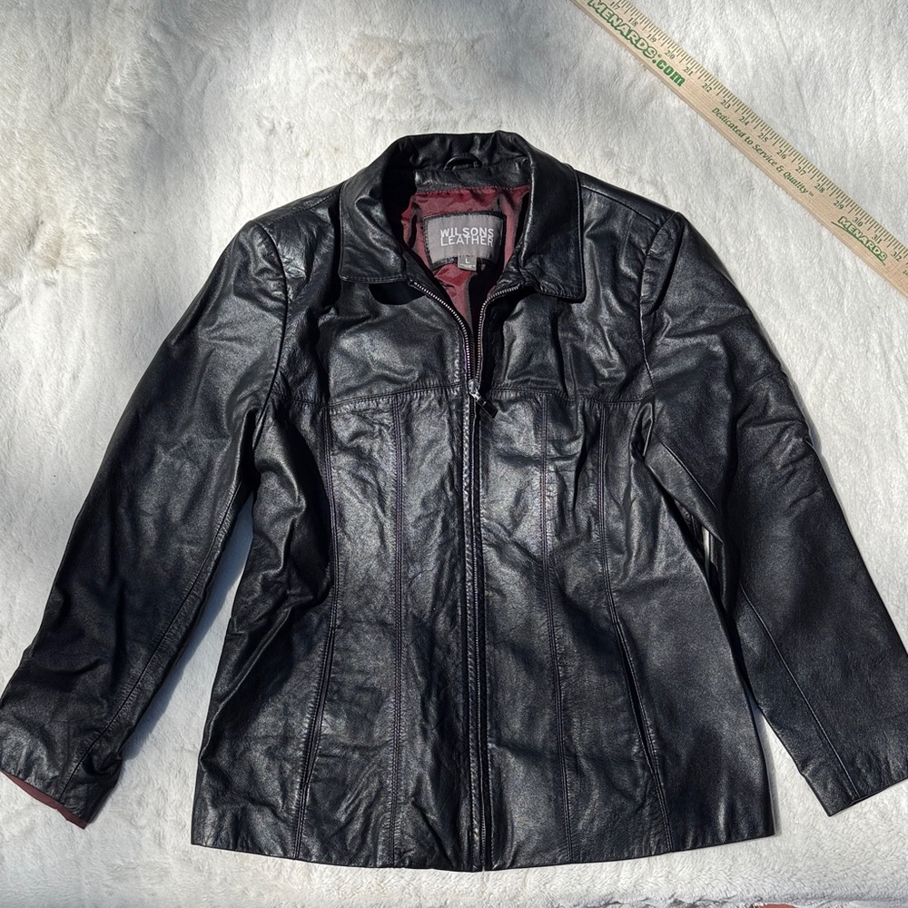 Wilsons Leather Black Leather Bomber Jacket with Burgundy Lining
